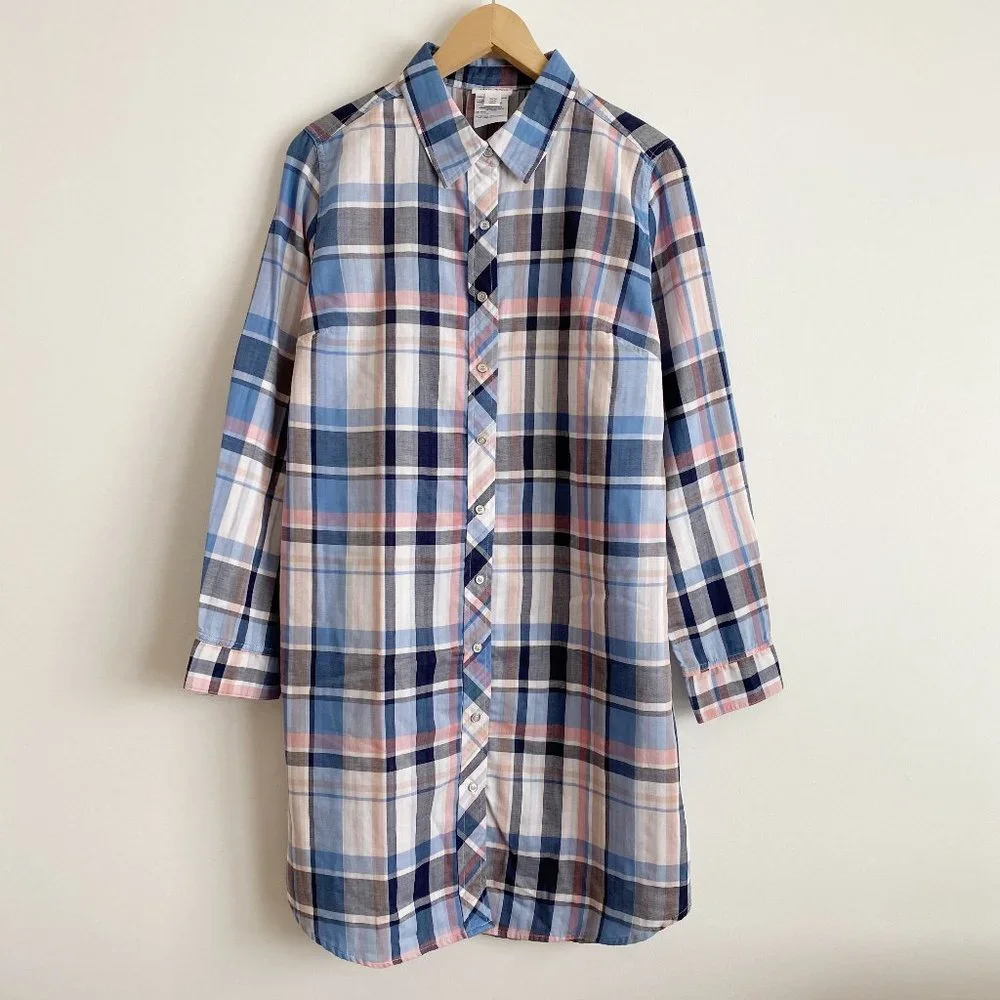 Tribal Jeans NWOT Women's 100% Cotton Blue Plaid Shirt Dress, Size Medium